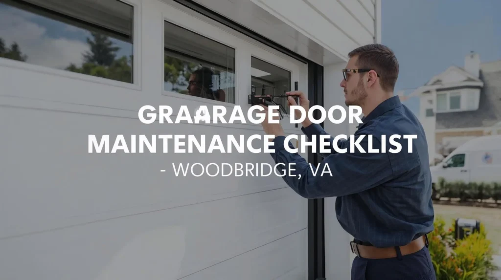 Garage door maintenance checklist in Woodbridge, VA – technician servicing a modern home.