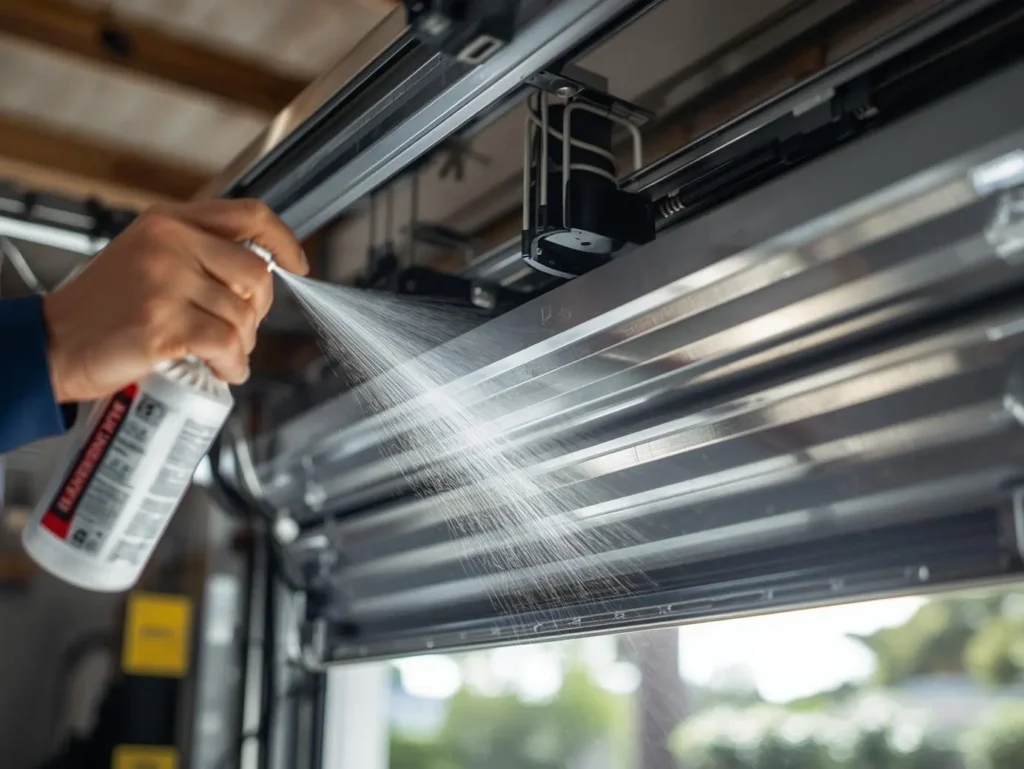 Realistic photo of a technician spraying silicone lubricant | garage door spring replacement Woodbridge VA technician